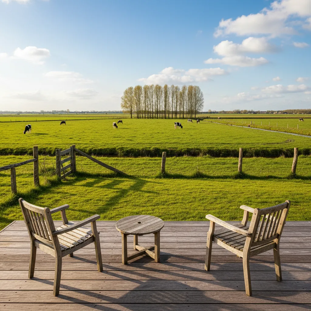 Uitzicht op de polderweides vanaf het terras van De Knollemanshoek